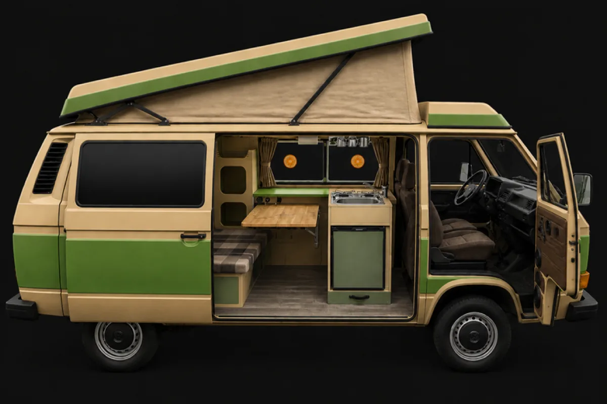 Grüner VW-T3-CamperVan mit ausgestelltem Aufstelldach und offener Schiebetür